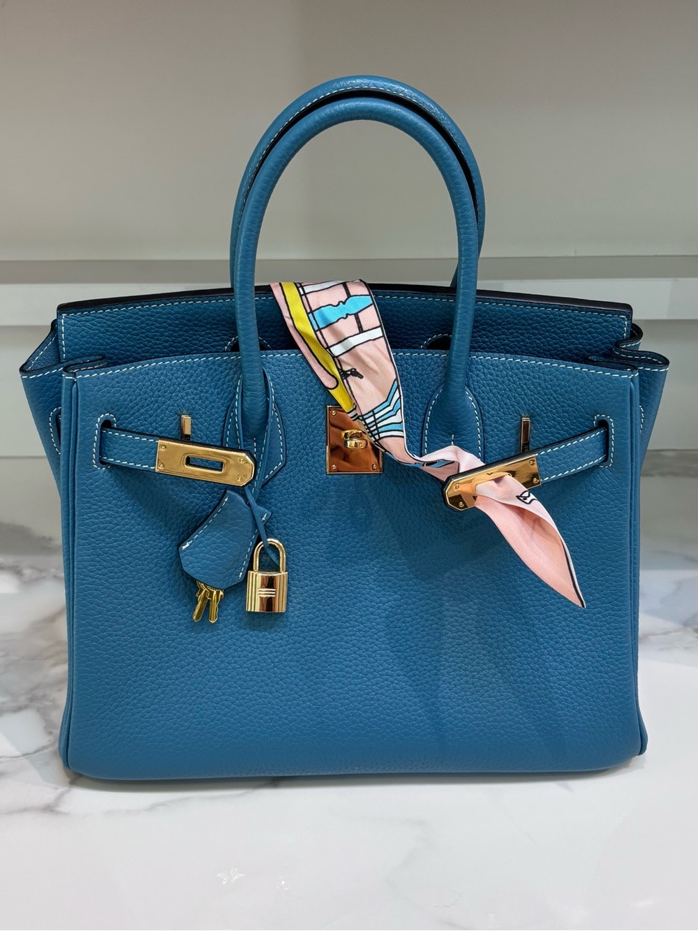 Birkin-Style BK30 Bleu Jean Leather Tote